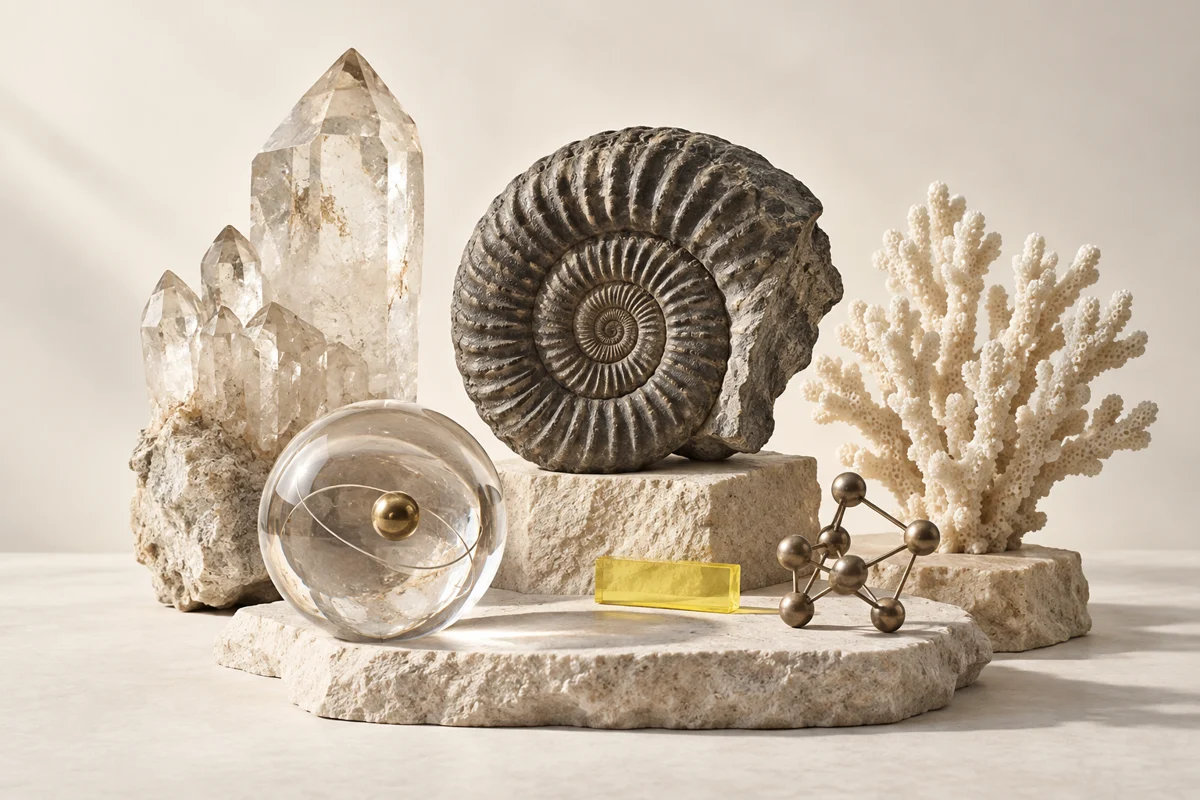 Composition illustrative de cristaux, d’un fossile, d’un corail et de modèles scientifiques.
